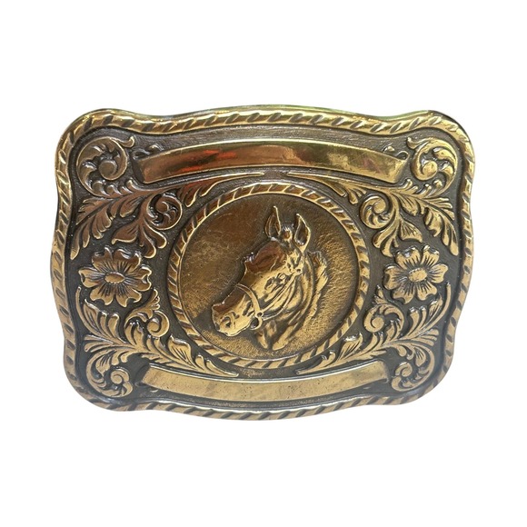 Other - Vintage Horse Head Belt Buckle Brass Tone Western Floral Engravable Made in USA